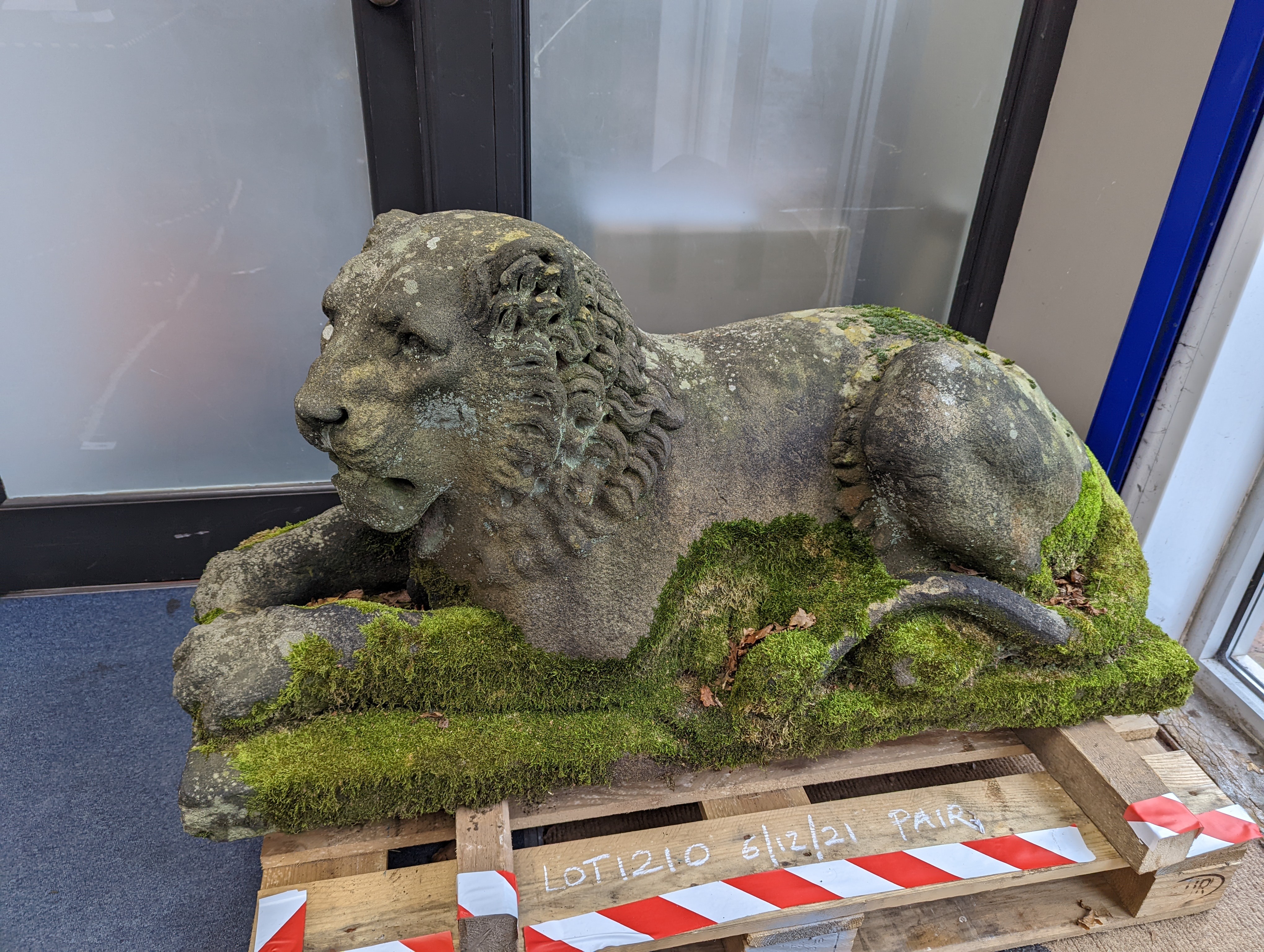 A pair of carved stone models of a recumbent lion and lioness, purchased from Crowther of Syon Lodge approximately 40 years ago. Length 122cm. Width 50cm. Height 60cm.